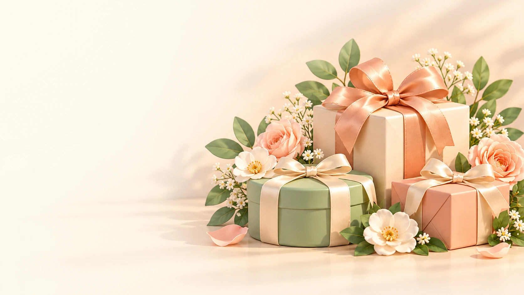 Invitation générée pour un anniversaire champêtre : fleurs et cadeaux à droite, espace clair sans texte à gauche